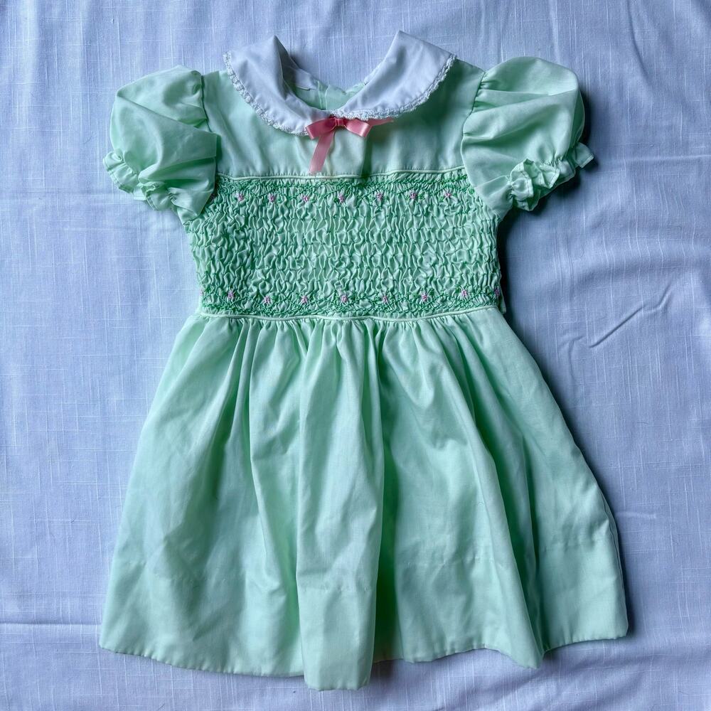 Vintage Seafoam Green Smocked Dress with Pink Embroidery 2T Cottagecore Frilly